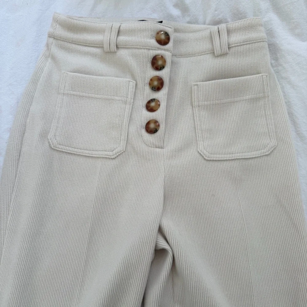 House of Harlow 1960 Cream Ribbed Wide Pants Size 6 High Rise Button Front - Picture 2 of 7